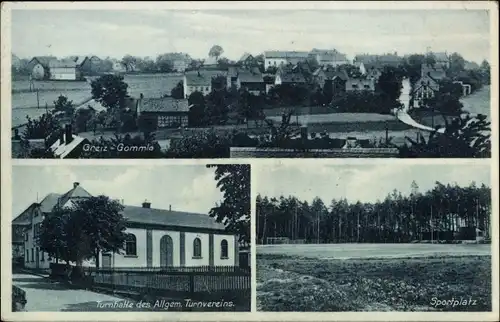 Ak Gommla Greiz in Thüringen, Turnhalle, Sportplatz, Totalansicht