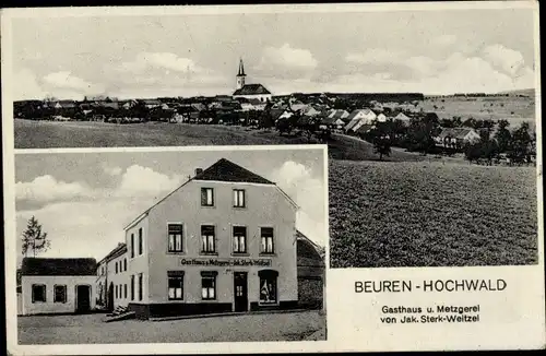 Ak Beuren Hochwald im Hunsrück, Gasthaus und Metzgerei, Totalansicht