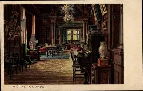 Litho Bredeney Essen im Ruhrgebiet, Villa Hügel, Innenansicht, Bibliothek