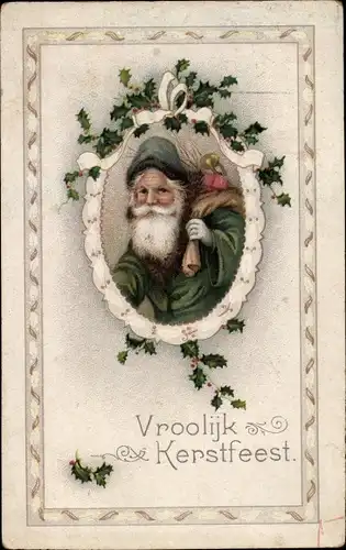 Ak Glückwunsch Weihnachten, Weihnachtsmann, Stechpalmenzweige