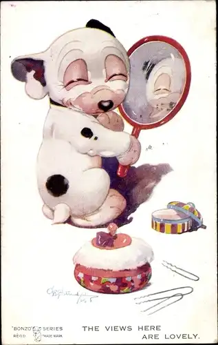 Künstler Ak Studdy, Bonzo der Hund, Handspiegel, Puderquaste