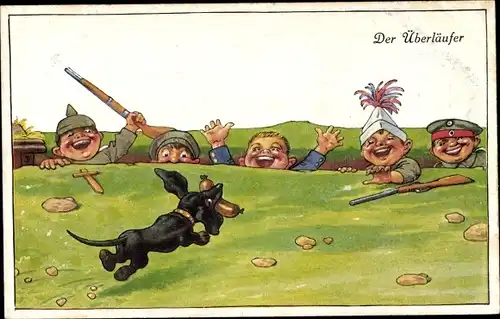 Ak Kinder im Schützengraben, Dackel mit Wurst im Maul, Der Überläufer, Pickelhaube, Gewehr