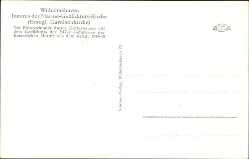 Ak Wilhelmshaven, Inneres der Marine Gedächtnis Kirche, evgl. Garnisonskirche