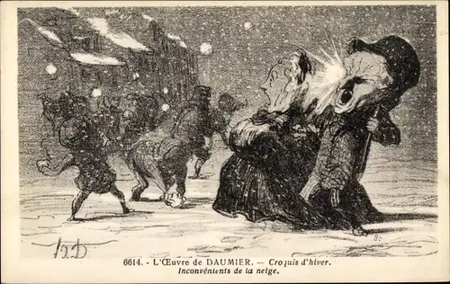 Künstler Ak Daumier, Honore, Schneeballschlacht im Winter, Mann wird am Kopf getroffen