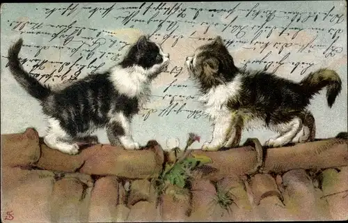 Litho Zwei kleine Katzen auf einem Hausdach