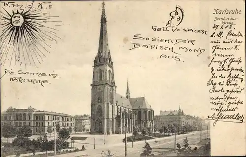 Ak Karlsruhe in Baden Württemberg, Bernhardus-Kirche, Sonne und Mond