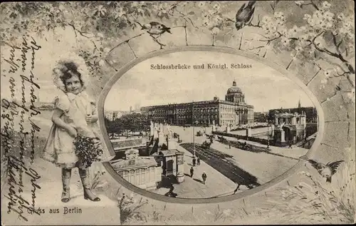 Passepartout Ak Berlin Mitte, Schlossbrücke und Königliches Schloss, Mädchen mit Blumen, Vögel