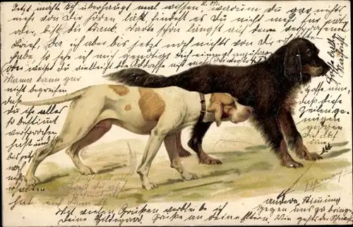 Präge Künstler Litho Zwei Jagdhunde wittern eine Fährte