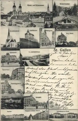 Ak Sankt Gallen Stadt Schweiz, Kloster, Broderbrunnen, Leonhardbrücke, Bankverein, Kaserne, Schule
