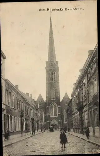 Ak Izegem Iseghem Westflandern, Sint-Hiloniuskerk en Straat