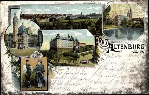 Ak Altenburg in Thüringen, Totalansicht, Herzogl. Schloss, Rathaus, Thüringer Volkstracht