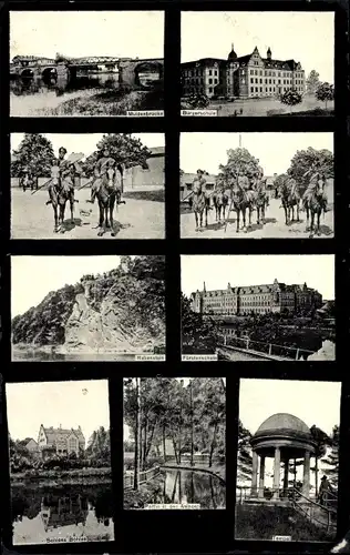 Ak Grimma in Sachsen, Tempel, Schloss Böhlen, Fürsten- und Bürgerschule, Muldenbrücke