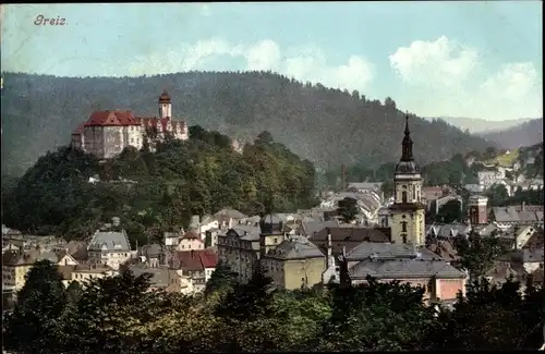 Ak Greiz im Vogtland, Ortsansicht, Kirchturm, Burg