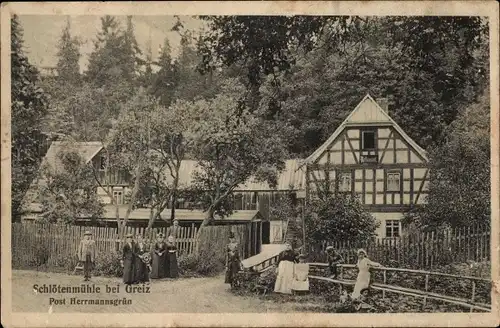 Ak Mohlsdorf Teichwolframsdorf Thüringen, Schlötenmühle, Fachwerkhaus, Passanten