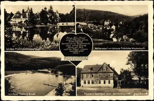 Ak Wolfersdorf in Thüringen, Schloss Fröhliche Wiederkunft, Waldbad Herzog Ernst, Fiedler's Gasthaus