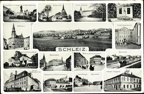 Ak Schleiz im Vogtland Thüringen, Neumarkt, Bergkirche, Schloss Heinrichsruh, Teichstraße, Bahnhof