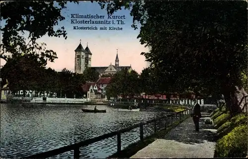 Ak Bad Klosterlausnitz in Thüringen, Klosterteich, Kirche, Ruderboot, Promenade