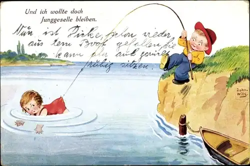 Künstler Ak Wills, John, Junge angelt Mädchen aus dem Wasser