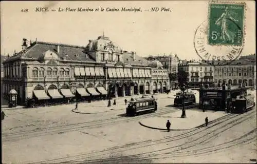 Ak Nice Nizza Alpes Maritimes, La Place Massena, Casino Municipal, Straßenbahn