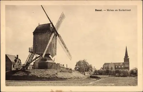 Ak Ranst Flandern Antwerpen, Mühle und Kerkstraat, Kirche