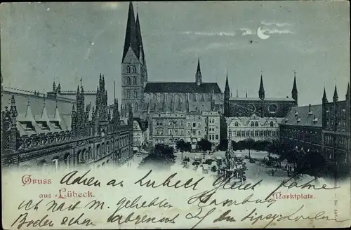 Mondschein Ak Hansestadt Lübeck, Marktplatz, Kirche