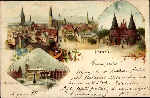 Litho Hansestadt Lübeck, Holstentor, Marktplatz, Rathaus, Panorama, Kirchen