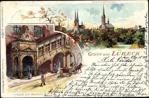 Litho Hansestadt Lübeck, Gesamtansicht, Kirchen, Treppe am Rathaus