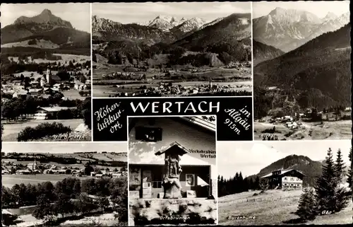 Ak Wertach im Allgäu, Ortsansicht, Panorama mit Gebirge, Ortsbrunnen, Buronhütte, Schwimmbad