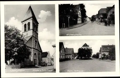 Ak Oetigheim Ötigheim im Schwarzwald, Kirche und Schulhaus, Schule, Kronenstraße, Beim Rathaus