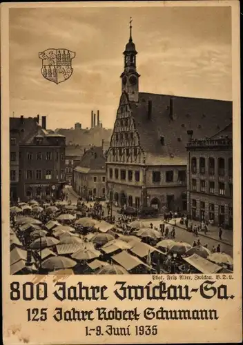 Ak Zwickau in Sachsen, Marktplatz, 800 Jahrfeier 1935, 125 Jahre Robert Schumann, Wappen