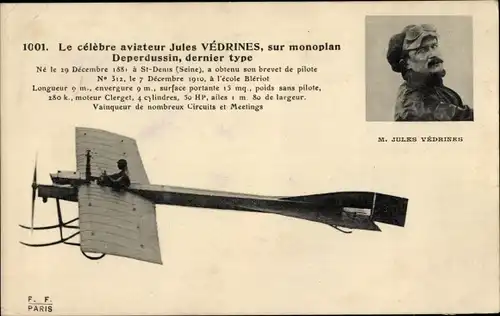 Ak Aviator Jules Vedrines auf Deperdussin-Eindecker, letzter Typ
