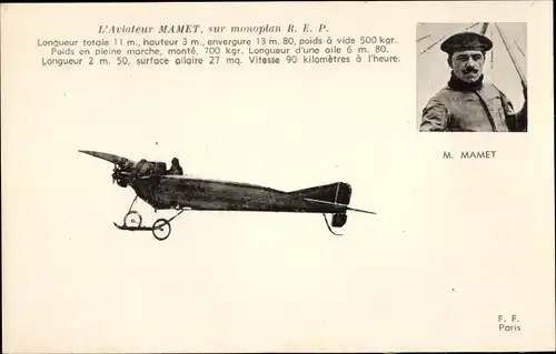 Ak Flugzeug, Aviator Mamet, auf REP Monoplane, Flugpionier