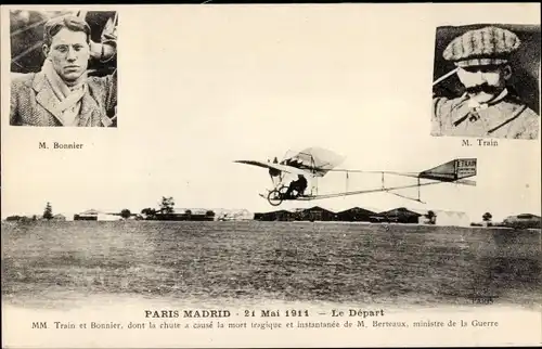 Ak Paris Madrid 1911, Le Departure, Train et Bonnier, Flugpioniere, Flugzeug