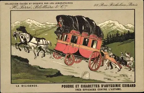 Ak Reklame, Poudre et Cigarettes d'Abyssinie Exibard, H. Ferre, Blottiere & Cie, Paris, La Diligence