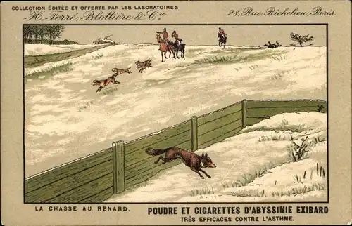 Ak Reklame, H. Ferre, Blottiere & Cie, Abessinierpulver und Zigaretten Exibard, Fuchsjagd