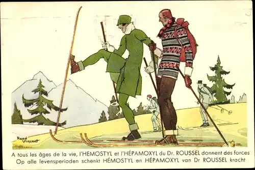 Künstler Ak Vincent, Rene, Rene, Skiläufer, Reklame, l'Hemostyl et l'Hepamoxyl du Dr. Roussel