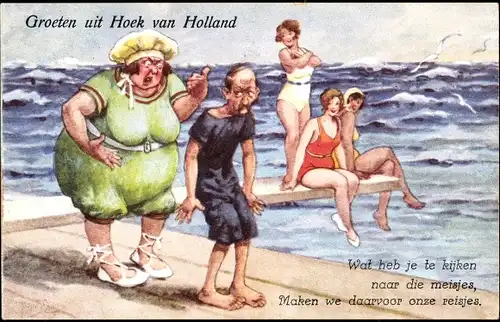 Ak Hoek van Holland Rotterdam Südholland Niederlande, Ehefrau schimpf mit Mann, Bademode