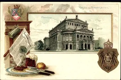 Präge Wappen Passepartout Litho Frankfurt am Main, Opernhaus