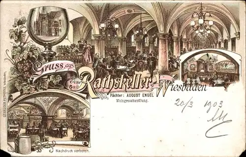 Litho Wiesbaden in Hessen, Gasthaus Ratskeller, Innenansicht, Weingroßhandlung