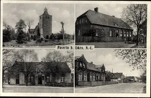 Ak Paserin Luckau in der Niederlausitz, Kirche, Kriegerdenkmal, Schule, Gasthof