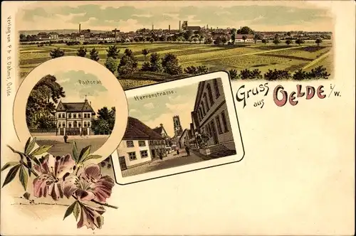 Litho Oelde im Kreis Warendorf im Münsterland, Panoramablick, Pastorat, Herrenstraße