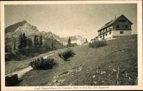 Ak Garmisch Partenkirchen, Adolf Zöppritzhaus am Kreuzeck mit Alp und Zugpspitze