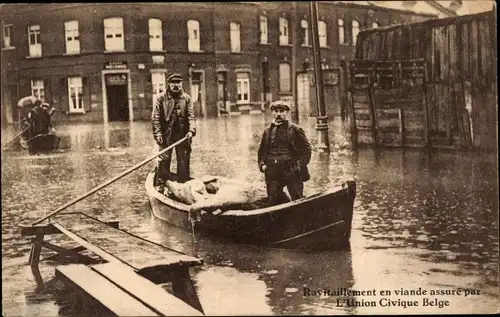 Ak Belgien, Ravitaillement en viande assuré par l'Union Civique, Hochwasser, Fleischversorgung