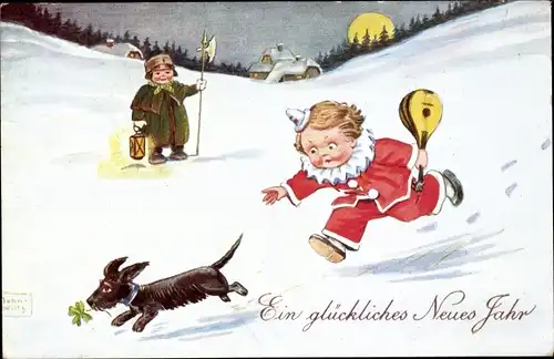 Künstler Ak Wills, John, Fröhliches Neujahr, Harlekin jagt Hund, Nachtwächter