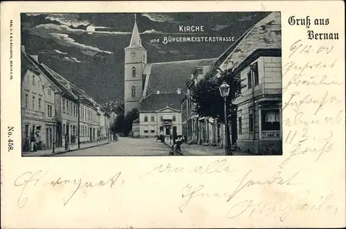 Mondschein Ak Bernau bei Berlin, Kirche und Bürgermeisterstraße