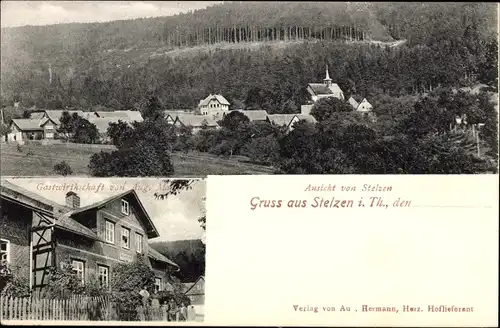 Ak Stelzen Sachsenbrunn Eisfeld in Thüringen, Totalansicht, Gastwirtschaft von August M.