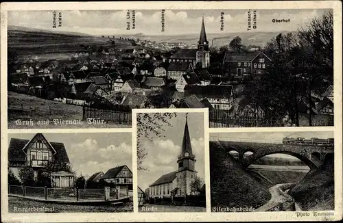 Ak Viernau Steinbach Hallenberg im Thüringer Wald, Kriegerdenkmal, Kirche, Eisenbahnbrücke