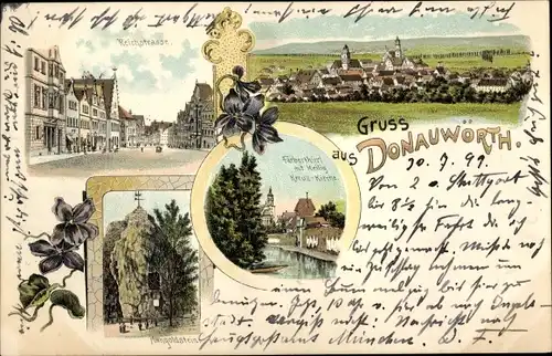 Litho Donauwörth in Schwaben Bayern, Reichstraße, Heilig-Kreuz-Kirche, Mangoldstein