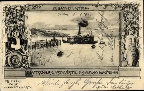 Passepartout Litho Starnberg in Oberbayern, Deutsche Gastwirte, Münchner Kindl, Starnberg, Dampfer