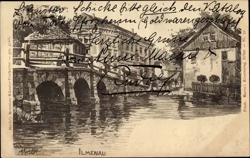 Künstler Litho Ilmenau in Thüringen, Wasserpartie, Brücke